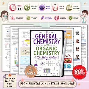 Könnte beinhalten: Digitale Vorlesungsnotizen für Allgemeine Chemie mit Organischer Chemie, angezeigt auf einem Tablet mit Stift. Das Bild enthält Diagramme, Formeln und Symbole. Der Text enthält "23 Seiten" und "Exam Ready".