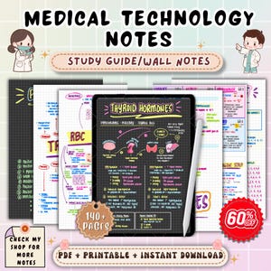 May include: Medical technology notes with the text "Study Guide/Wall Notes". The image shows a tablet displaying "Thyroid Hormones" diagrams, a stylus, and several pages of notes. The image also includes the text "140+ Pages" and "PDF + Printable + Instant Download".