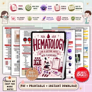 May include: A digital tablet displaying "Hematology Lab & Lecture Notes with Flashcards". The image features diagrams, text, and icons, including "100+ pages" and "Exam Ready". The title is in a decorative font. The image also includes a stylus.
