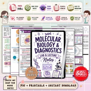 May include: Digital download of Molecular Biology & Diagnostics lab and lecture notes. The image shows a tablet with notes, a pen, and icons. The notes are designed for quick learning and exam prep.