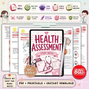 May include: A digital illustration of medical study notes. The central tablet displays "Health Assessment Study Notes" with a stethoscope and notepad. Additional pages and icons highlight key features like "105+ Pages" and "Exam Ready."