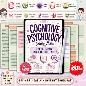 Op de afbeelding: Een digitale tablet toont studienotities voor cognitieve psychologie met een hyperlinked inhoudsopgave, voorzien van illustraties van een brein, een notitieboek en een vergrootglas, vergezeld door een witte stylus en diverse educatieve iconen.