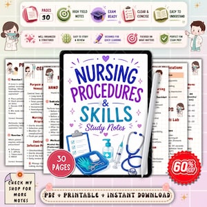 Nursing Procedures & Skills Study Notes | Clinical Nursing Skills Guide | Nursing School Exam Review | NCLEX Nursing PDF