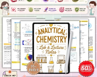 May include: Digital analytical chemistry notes with the text "Analytical Chemistry Lab & Lecture Notes." The notes include diagrams, equations, and illustrations of lab equipment. The image also includes the text "95+ Pages" and "PDF + Printable + Instant Download."