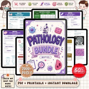 May include: A digital pathology bundle with the title "Pathology Bundle Notes" in purple and white. The image includes several tablets displaying medical notes, diagrams, and the text "2000+ Pages". A red 60% off sticker is also visible.