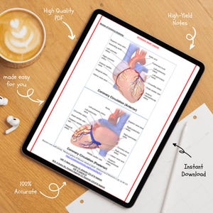 K&ouml;nnte beinhalten: Ein digitales Tablet zeigt medizinische Diagramme der Herzanatomie und des koronaren Kreislaufs. Das Tablet liegt auf einer Holzoberfl&auml;che, neben einer Kaffeetasse und Ohrh&ouml;rern. Der Text auf dem Bildschirm lautet "High Quality PDF", "High-Yield Notes", "made easy for you", "100% Accurate" und "Instant Download".