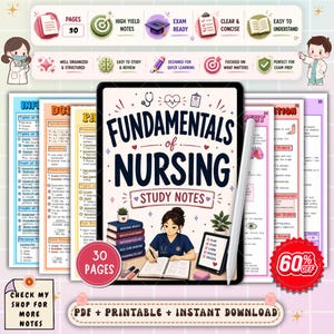 May include: A digital study guide titled Fundamentals of Nursing Study Notes featuring a central illustration of a person writing in a notebook, surrounded by stacked textbooks, a tablet, and multiple pages of nursing course content with 30 pages.