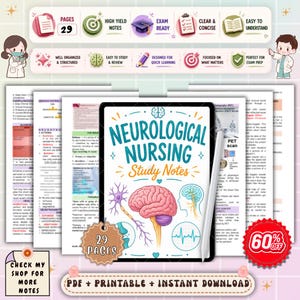 May include: Digital study notes for neurological nursing, featuring a brain illustration and the text "Neurological Nursing Study Notes." The image includes a tablet with a stylus, and other study notes. The image also includes the text "PDF + Printable + Instant Download."