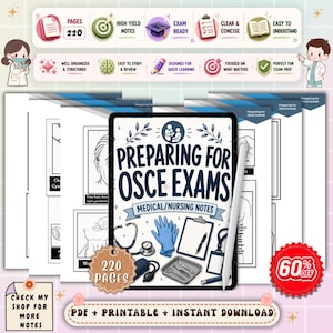 May include: A digital download of medical/nursing notes for OSCE exams. The tablet displays the title "Preparing for OSCE Exams" with medical tools and a stylus. The image includes icons for exam preparation, 220 pages, and a 60% off promotion.