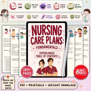 May include: A digital nursing care plans guide featuring a central tablet display with the text Nursing Care Plans: Fundamentals and a hyperlinked table of contents. The cover shows two medical professionals in scrubs, with 280+ pages and a stylus.