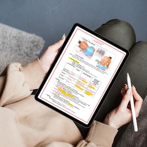 K&ouml;nnte beinhalten: Ein schwarzes Tablet, das eine medizinische Abbildung zur Lumbalpunktion anzeigt, wird von einer Person gehalten. Die Abbildung enth&auml;lt Illustrationen von liegenden und sitzenden Positionen mit Text und hervorgehobenen Abschnitten. Ein wei&szlig;er Stift ist ebenfalls sichtbar.