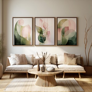 Boho Set von 3 Prints_Abstrakt, botanische, moderne Kunst, grün/rosa Töne Poster Set, digitaler Download, ästhetisches Raumdekor, Aquarell