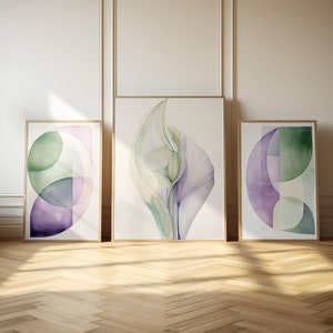 3er-Set Prints- Abstrakt, Botanisch, Lilie, moderne Wandkunst, Grün Lila Poster-Set, Digitaler Download, Geometrisch, Aquarell