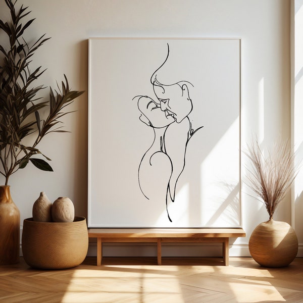 Abstract Line Drawing, couple, hand-drawn, Female/Male line drawing, Lovers print poster, Woman drawing, Female wall art, Lovers, Kiss