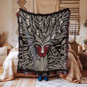 Studio Ghibli-Inspired Forest Spirit Woven Blanket - Soft, Cozy, and Artistic