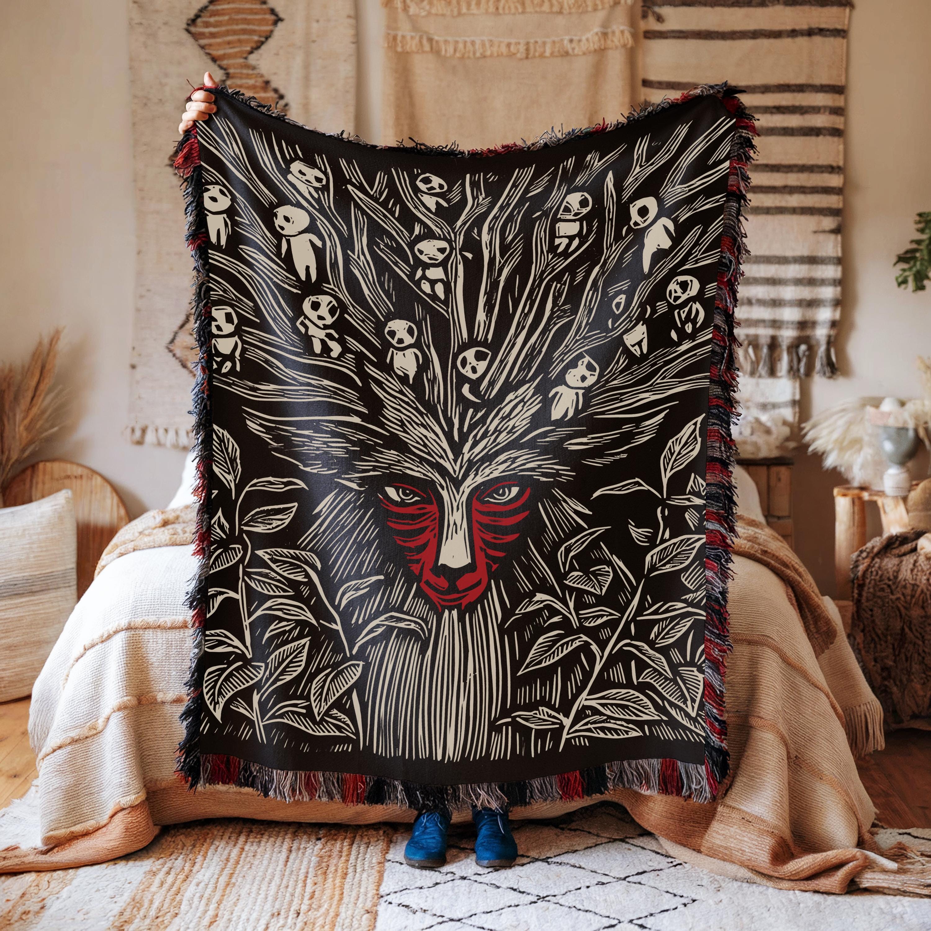 Studio Ghibli-Inspired Forest Spirit Woven Blanket - Soft, Cozy, and Artistic