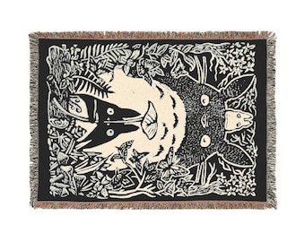 Whimsical Forest Spirit Woven Blanket - Cozy Anime-Inspired Throw | Manga Tapestry Throw | Suitable As Snuggle Blanket Or Woven Wall Hanging