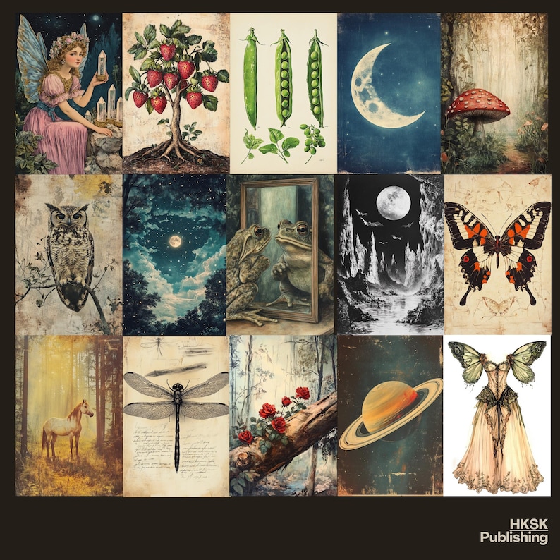 May include: A collage of 16 vintage illustrations featuring various nature-inspired themes. The images include a fairy, a strawberry plant, peas in a pod, a crescent moon, a mushroom, an owl, a night sky with a moon, two frogs, a moonlit forest, a butterfly, a dragonfly, a forest scene with roses, a planet, and a fairy with wings.