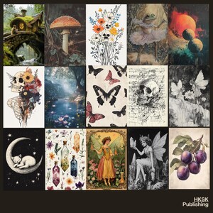 May include: A collage of 12 images with a whimsical and magical theme. The images include a mushroom, flowers, a frog, a skull, butterflies, a moon, a cat, a fairy, a bottle with potion, and a plum.