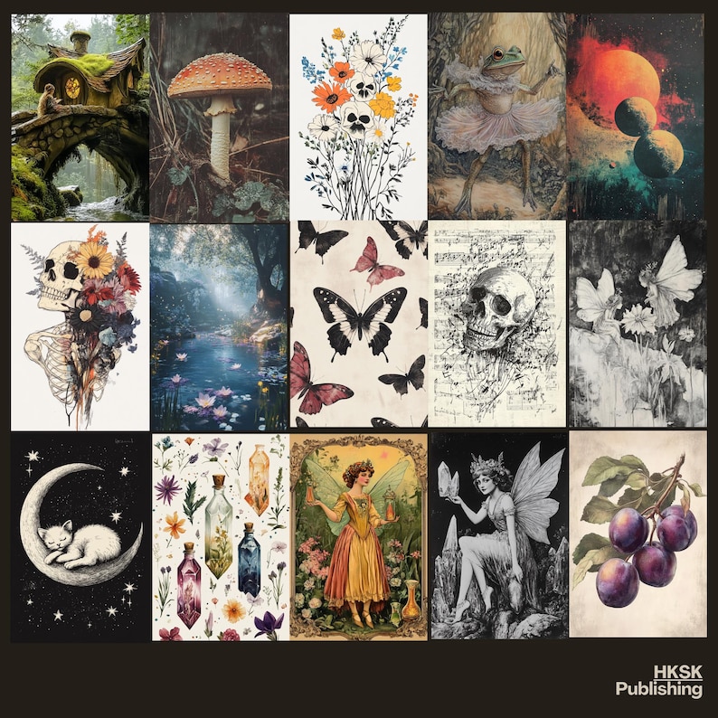 May include: A collage of 12 images with a whimsical and magical theme. The images include a mushroom, flowers, a frog, a skull, butterflies, a moon, a cat, a fairy, a bottle with potion, and a plum.