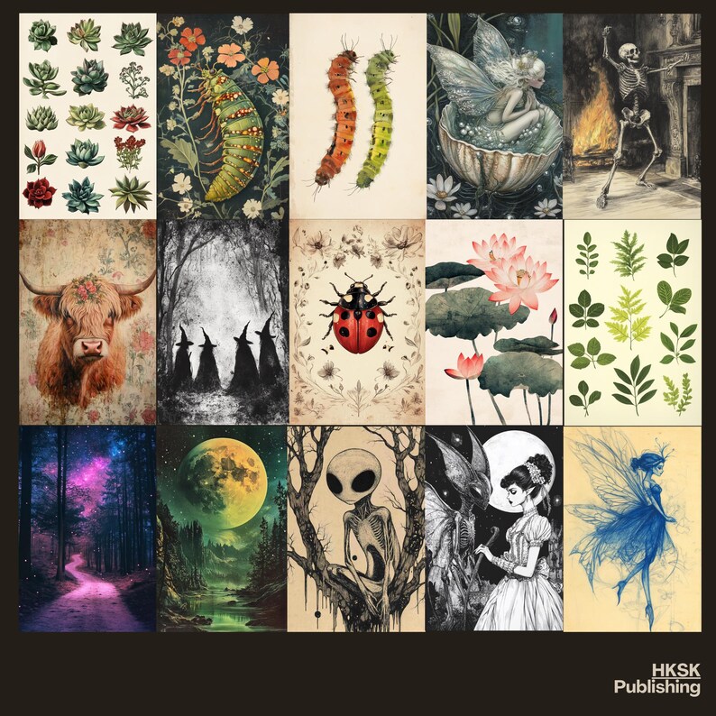 May include: A collage of 12 different images featuring various themes, including nature, fantasy, and surrealism. The images include a cow, a forest, a ladybug, a lotus flower, a skeleton, a fairy, a caterpillar, a moon, and a skull.
