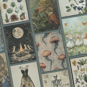 May include: A collage of vintage illustrations featuring a fairy, a moonlit forest scene with frogs, a skeleton, jellyfish, a floral pattern, and a pair of mice with butterfly wings. The collage is printed on a textured paper background.
