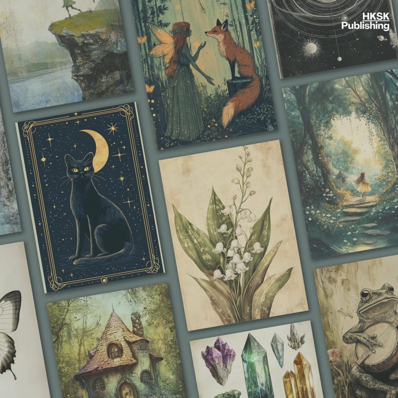May include: A collection of nine cards featuring various illustrations, including a black cat, a fairy, a fox, a flower, a crystal, a mushroom house, and a frog. The cards are all in a vintage style and have a whimsical feel.