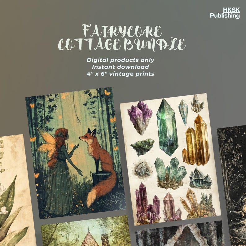 May include: A digital printable bundle of fairycore cottage illustrations. The bundle includes a fairy and fox in a forest, a collection of crystals, and a cottage scene. The prints are 4 inches by 6 inches.