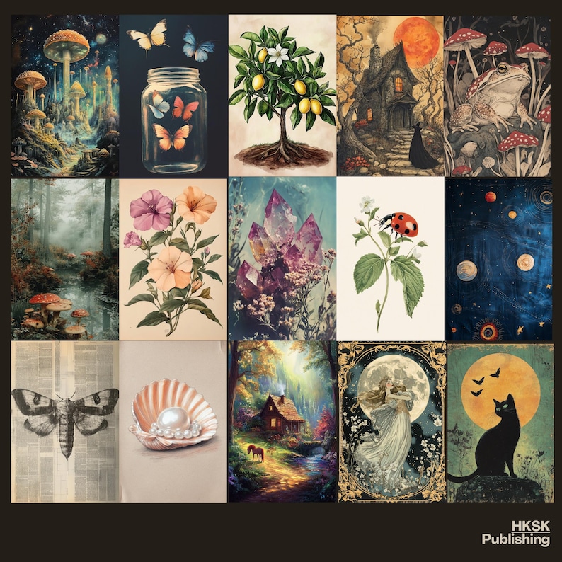 May include: A collage of images featuring nature, fantasy, and whimsical elements.  The images include mushrooms, butterflies, a crystal, a ladybug, a cottage, a moon, a cat, a seashell, and a moth.