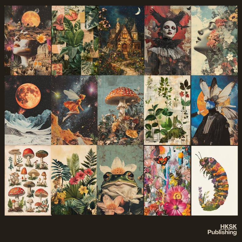 May include: A collage of 12 images featuring various nature-inspired themes, including mushrooms, butterflies, frogs, and flowers. The images are arranged in a grid pattern and have a vintage aesthetic.