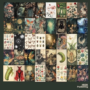 May include: A collage of 36 images featuring whimsical illustrations of fairies, butterflies, mushrooms, flowers, and other nature-inspired elements. The images are arranged in a grid pattern and have a vintage aesthetic.