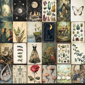 May include: A collage of 16 images featuring whimsical and magical themes. The images include a forest scene with a cottage, a black cat under a crescent moon, a skeleton, a frog playing a banjo, a dress with floral embroidery, a bouquet of lilies, a butterfly, and a group of mushrooms.