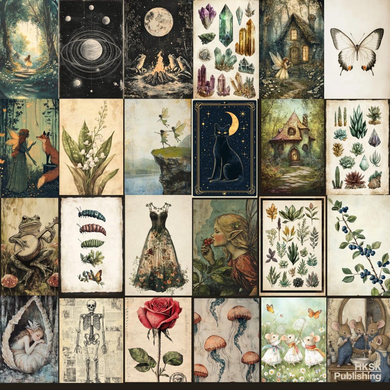 May include: A collage of 16 images featuring whimsical and magical themes. The images include a forest scene with a cottage, a black cat under a crescent moon, a skeleton, a frog playing a banjo, a dress with floral embroidery, a bouquet of lilies, a butterfly, and a group of mushrooms.