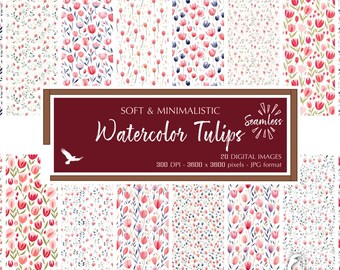 Soft & Minimalistic Watercolor Tulips Digital Paper - Romantic Pink Print Backgrounds - Instant Bargain Sale Digital Download Commercial Use
