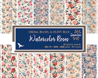 Cream Blush Dusty Blue Watercolor Roses Digital Paper - Romantic Print Backgrounds - Instant Bargain Sale Digital Download Commercial Use