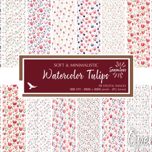 Soft & Minimalistic Watercolor Tulips Digital Paper - Romantic Pink Print Backgrounds - Instant Bargain Sale Digital Download Commercial Use