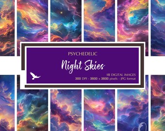 Psychedelic Night Skies - Rainbow Clouds Whimsical Fantasy Backgrounds - Bright Star Inspirational Art - Digital Download for Commercial Use