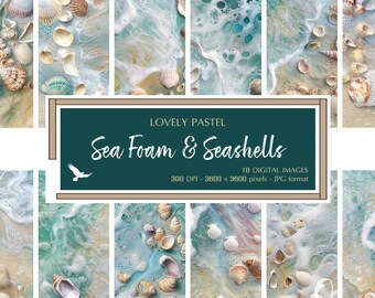Lovely Pastel Sea Foam and Seashells  - Beautiful Sandy Waves Backgrounds - Bright Inspirational Art - Digital Download for Commercial Us