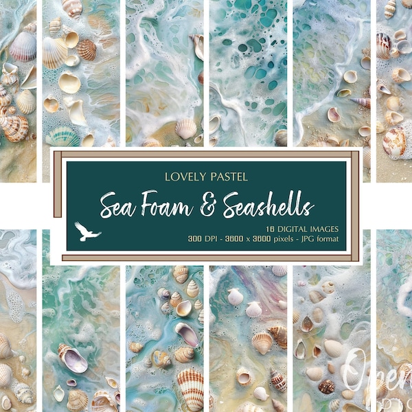 Lovely Pastel Sea Foam and Seashells  - Beautiful Sandy Waves Backgrounds - Bright Inspirational Art - Digital Download for Commercial Us