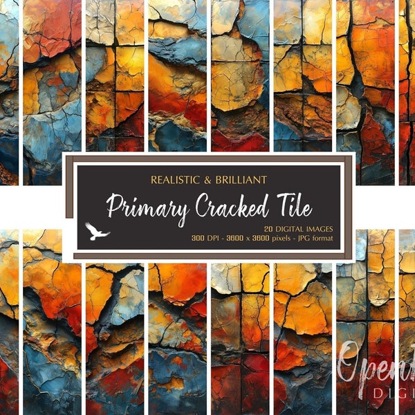 Realistic & Brilliant Primary Cracked Tile Paper - Deep Depth Primary Colors Texture Backgrounds - Digital Download Sale for Commercial Use
