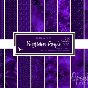 May include: A set of 20 digital seamless patterns in shades of purple. The patterns are a mix of textures, including glitter, woven, and abstract. The text "Kingfisher Purple" is displayed on the image.