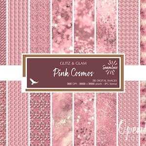 Puede incluir: Un conjunto de 20 patrones digitales sin costuras en rosa y blanco con diversas texturas, incluyendo purpurina, tejido de punto y diseños geométricos. Los patrones son de 3600 x 3800 píxeles y 300 DPI. El texto "GLITZ & GLAM Pink Cosmos Seamless" se muestra en un rectángulo marrón.
