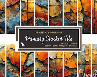Realistic & Brilliant Primary Cracked Tile Paper - Deep Depth Primary Colors Texture Backgrounds - Digital Download Sale for Commercial Use