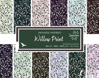 Japanese Inspired Willow Print Patterns - Neutral Somber Beige Green Blue Seamless Backgrounds - Digital Download Bargain for Commercial Use