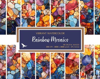 Vibrant Watercolor Rainbow Mosaics Digital Paper - Bright Colors Backgrounds Texture - Instant Bargain Digital Download for Commercial Use