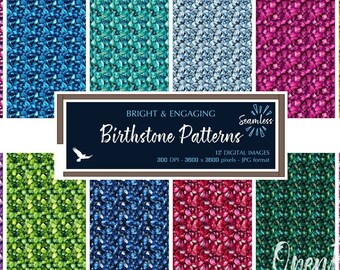 Birthstone Patterns - Seamless Backgrounds - Garnet Diamond Emerald Topaz Peridot Amethyst - Digital Download Bargain for Commercial Use