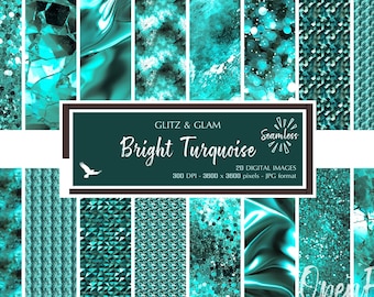 Bright Turquoise Glitz & Glam Digital Paper - Bluish Green Texture Backgrounds - Instant Bargain Sale Digital Download for Commercial Use
