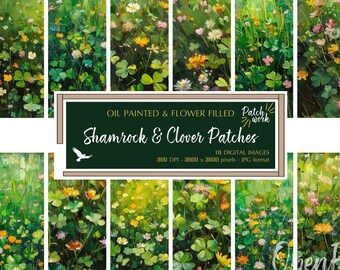 Shamrock & Clover Patches Patterns - Seamless Oil Painted Flower Filled Greenery Backgrounds - Digital Download Bargain for Commercial Use