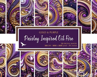 Gold & Purple Paisley Inspired Oil Fire - Whimsical Thick Oil Painting Style Backgrounds - Lovely Art - Digital Download for Commercial Use