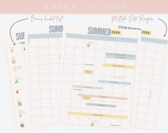 Calendario familiar de verano de 2026 / Lista de deseos imprimible (descarga digital)